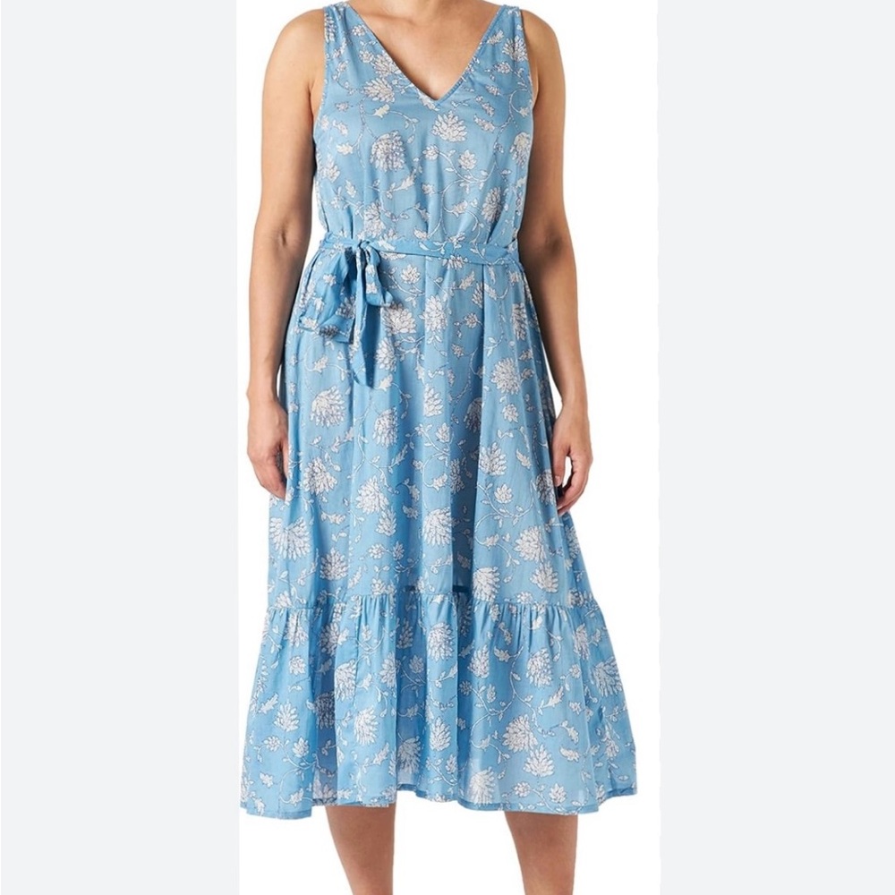 Part Two‎ Light Blue Floral V-Neck Sleeveless Midi Cotton Sundress Size 36